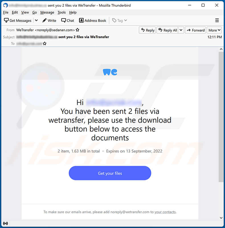 WeTransfer-themed spam email used to promote a phishing site (2022-09-07)