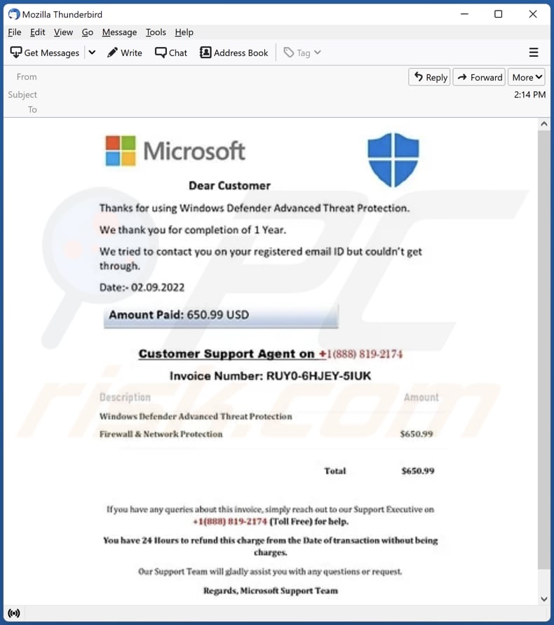 Windows Defender Advanced Threat Protection email scam