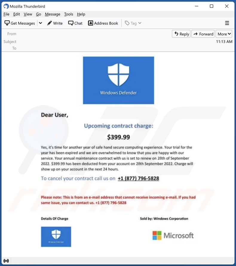 Windows Defender email spam campaign