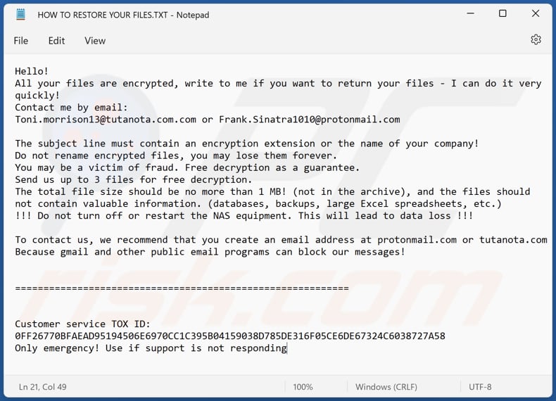 Winxvykljw ransomware text file (HOW TO RESTORE YOUR FILES.TXT)