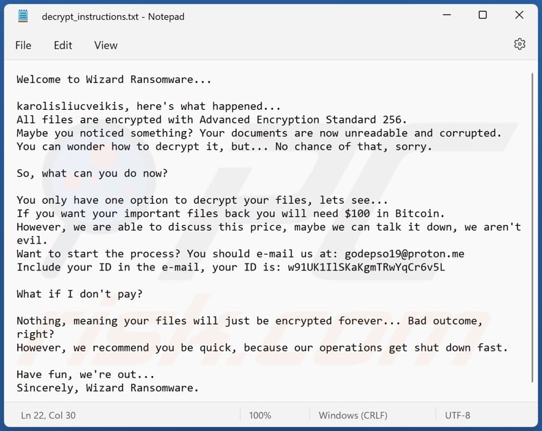 Wizard ransomware ransom note (decrypt_instructions.txt)