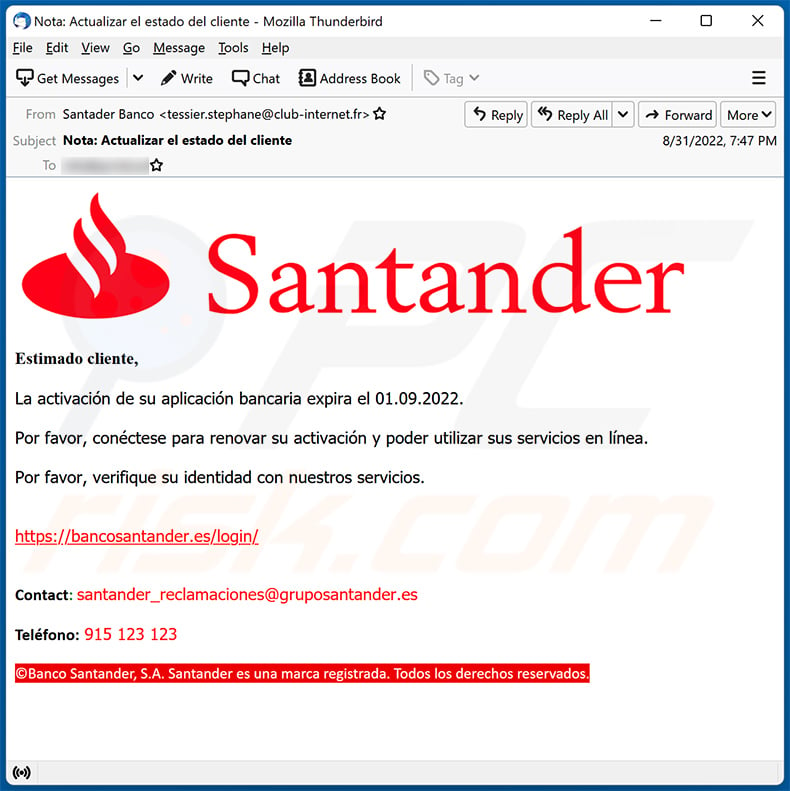Santander-themed spam email (2022-09-02)