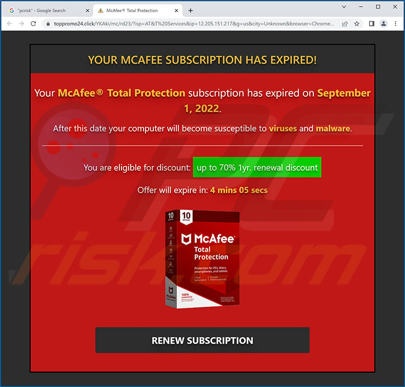 Your McAfee Subscription Has Expired pop-up scam (2022-09-08)