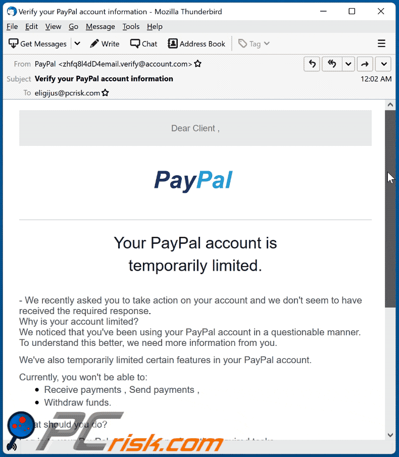 your paypal account is temporarily limited email scam appearance