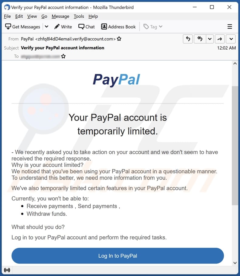 Your PayPal Account Is Temporarily Limited phishing email