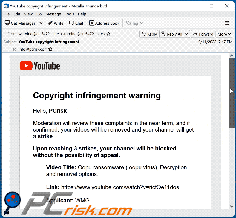 YouTube Copyright Infringement Warning email appearance