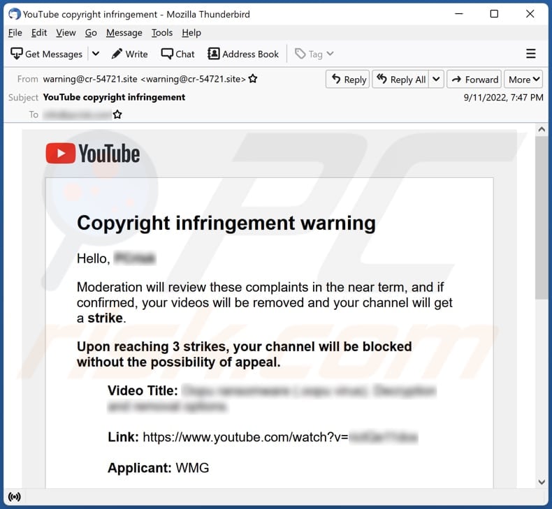 YouTube Copyright Infringement Warning email virus malware-spreading email