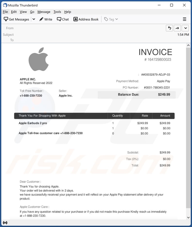 Apple Invoice email spam campaign