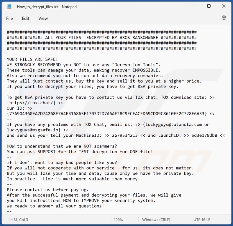 AROS ransomware ransom note (How_to_decrypt_files.txt)