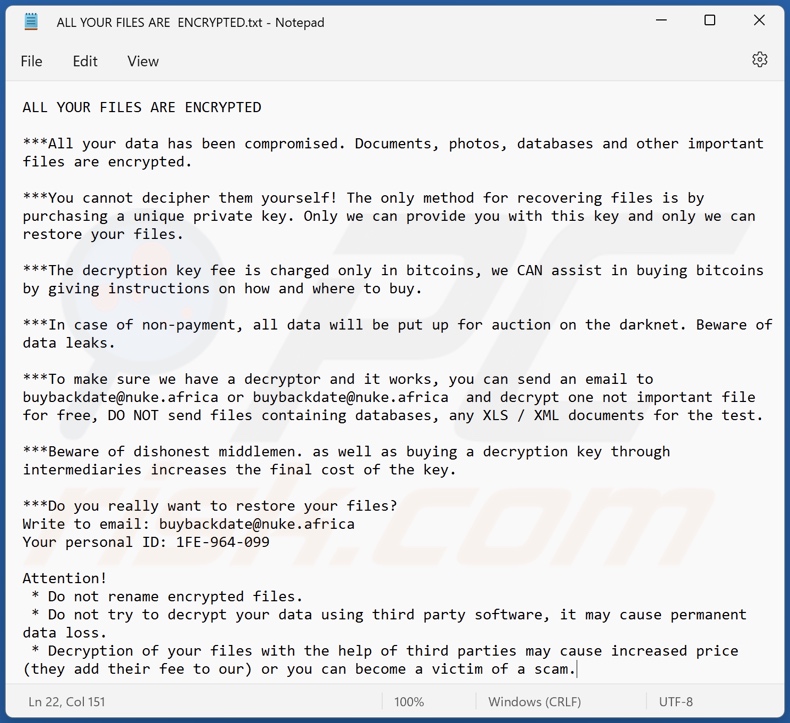 Buybackdate ransomware ransom note (ALL YOUR FILES ARE  ENCRYPTED.txt)