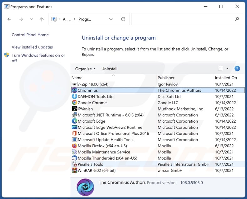 Chromnius uninstall via Control Panel