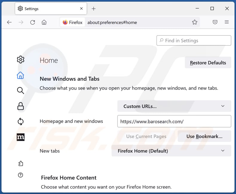 Removing barosearch.com from Mozilla Firefox homepage