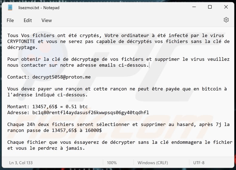 CRYPTONITE ransomware text file (lisezmoi.txt)