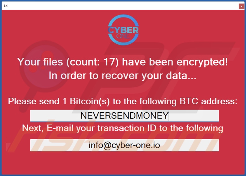 Cyberone ransomware ransom note (pop-up)