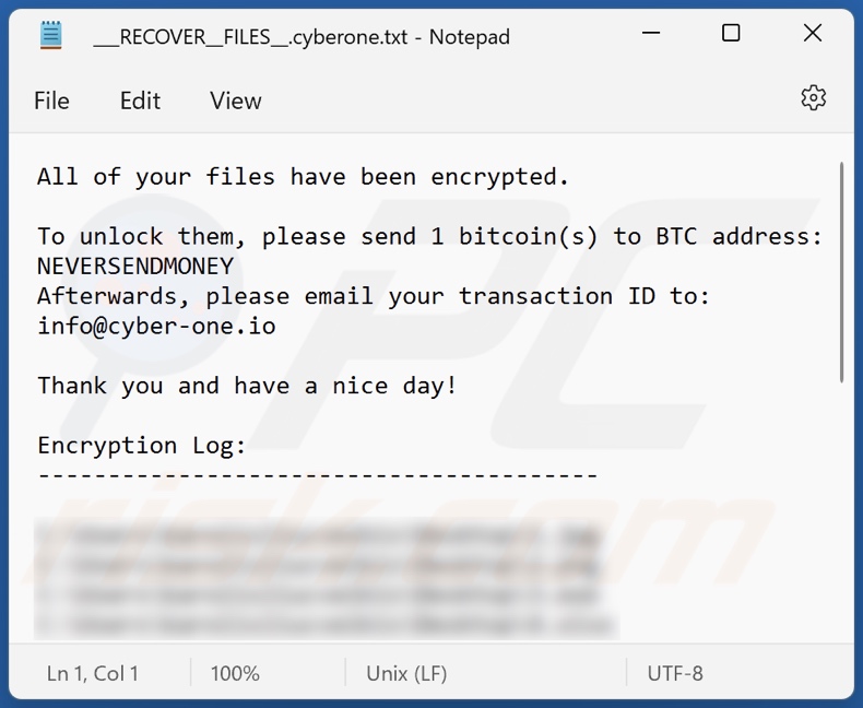 Cyberone ransomware text file (___RECOVER__FILES__.cyberone.txt)