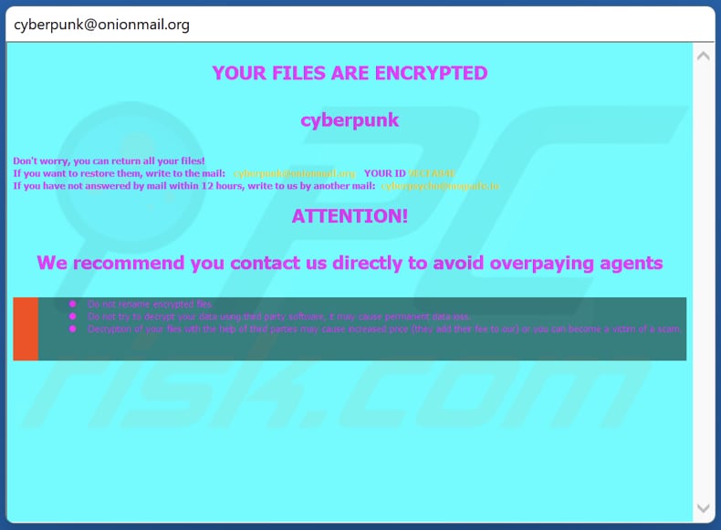 Cyberpunk ransomware ransom note in a pop-up window