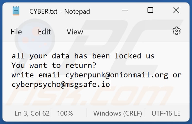 Cyberpunk ransomware txt file (CYBER.txt)
