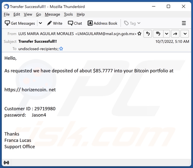 Deposited Into Your Bitcoin Portfolio email spam campaign