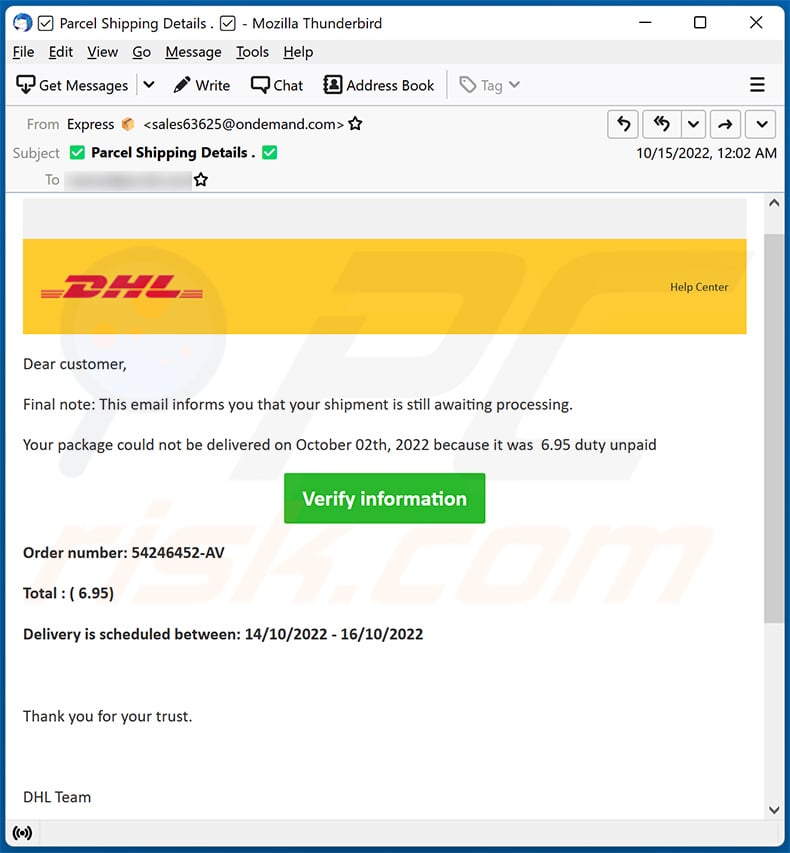 DHL-themed spam email promoting a phishing site (2022-10-17)