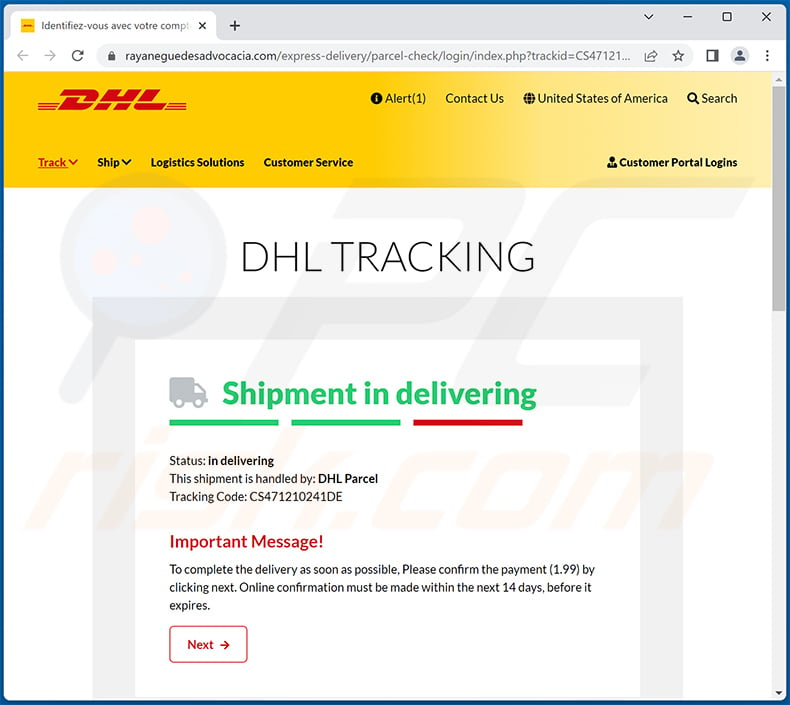 Phishing site promoted via DHL-themed spam email (rayaneguedesadvocacia.com)