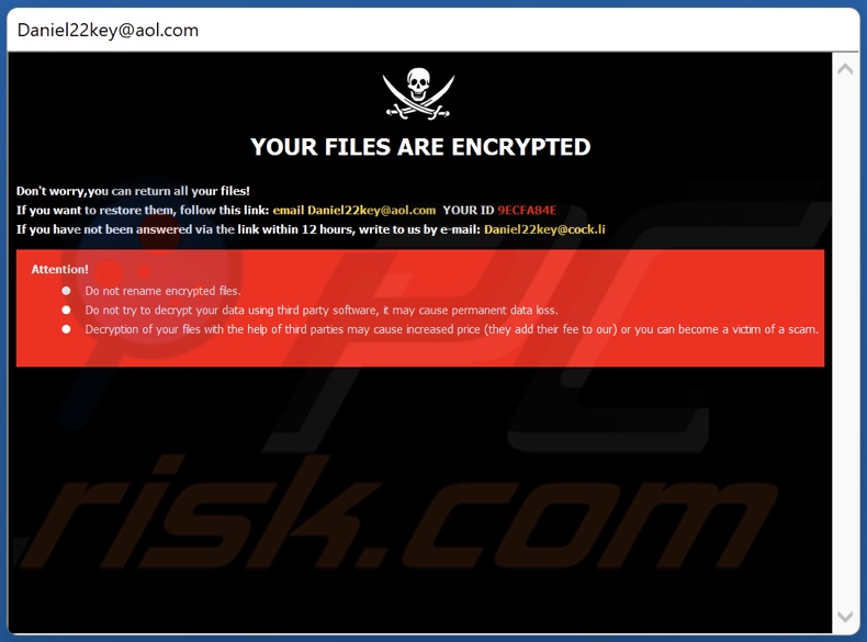 Dkey ransomware ransom note (pop-up)
