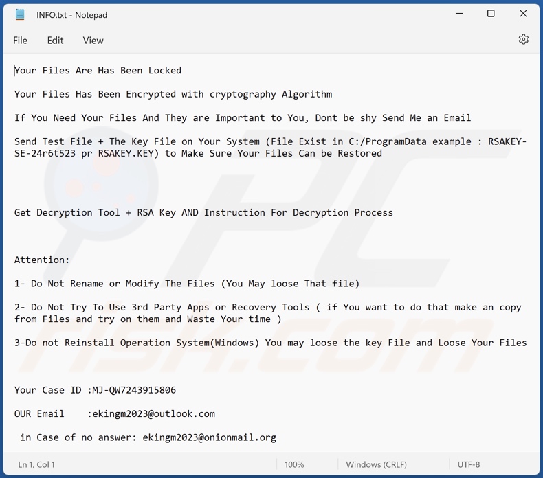 Eking (VoidCrypt) ransomware ransom note (INFO.txt)