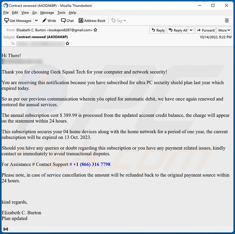 Geek Squad-themed spam email (2022-10-17)