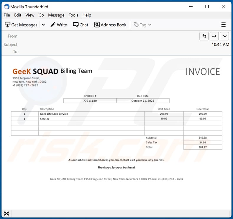 Geek Squad-themed spam email (2022-10-25)