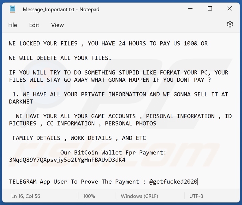 Getf**ked ransomware ransom note (Message_Important.txt)