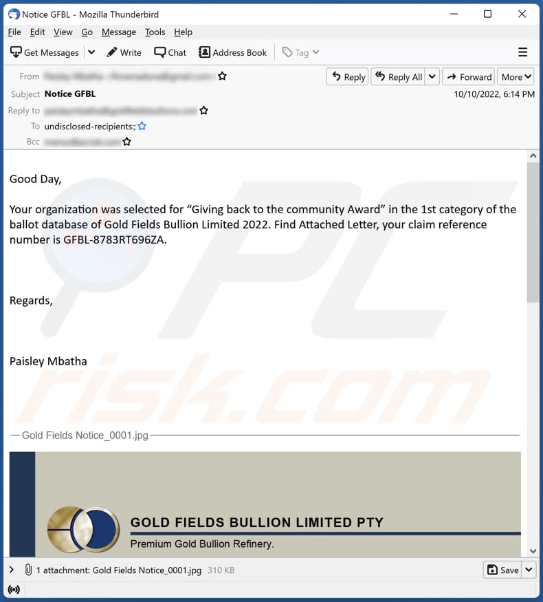 Gold Fields Bullion Limited email scam campaign
