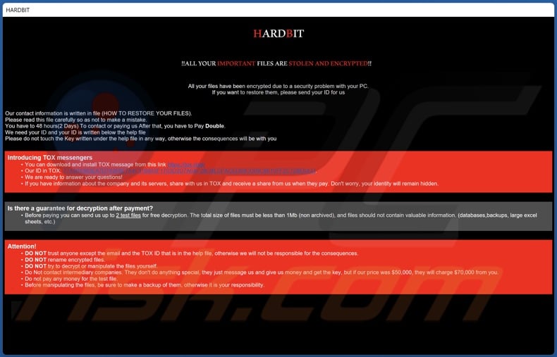 HARDBIT ransomware ransom note (pop-up)