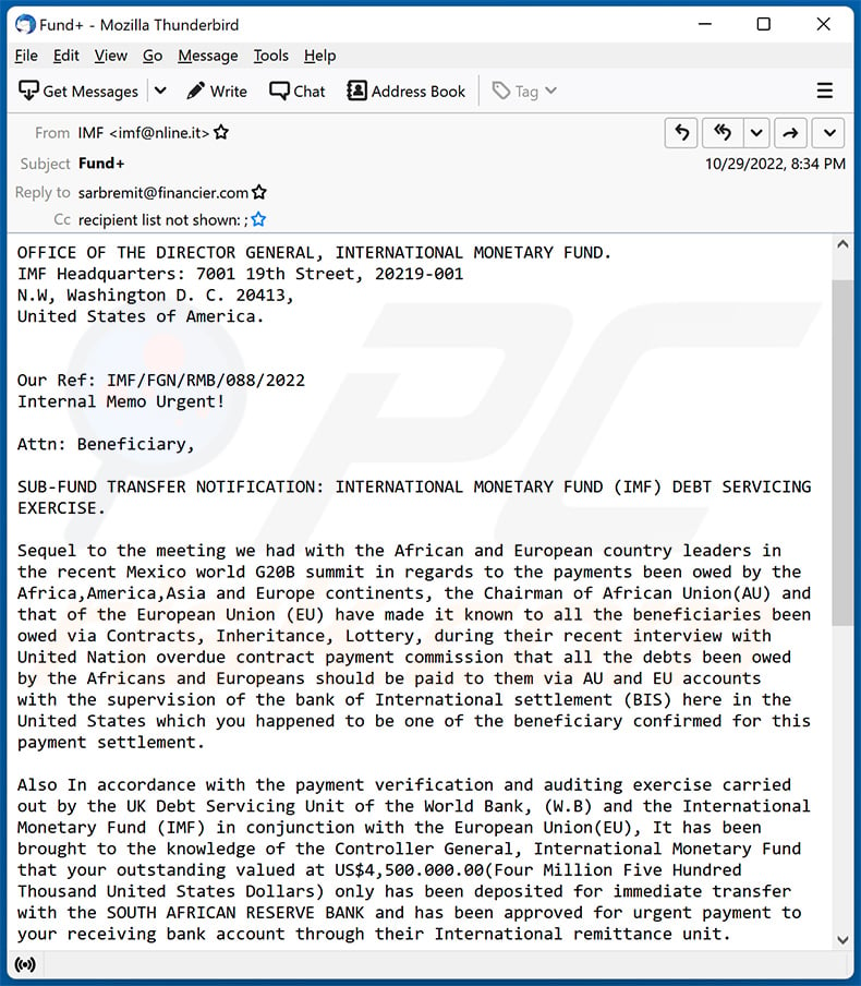 International Monetary Fund (IMF)-themed scam email (2022-10-31 - sample 1)