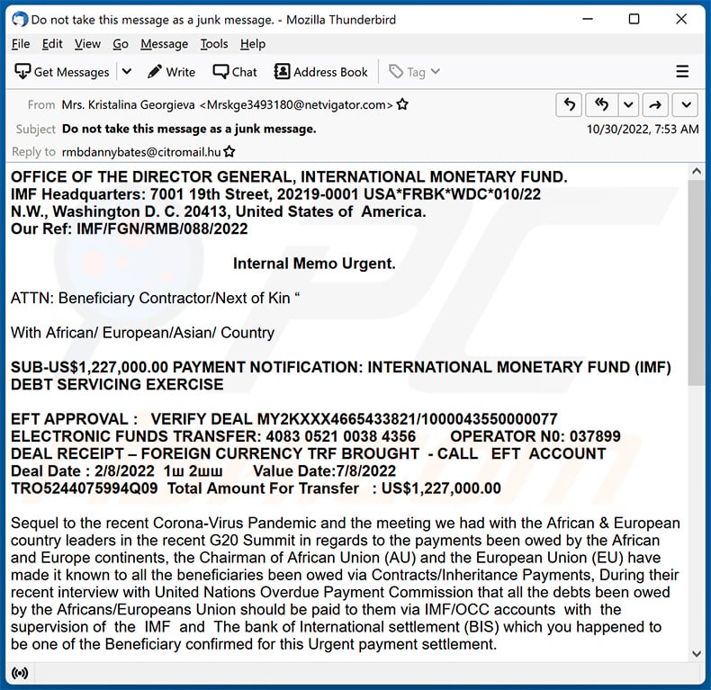 International Monetary Fund (IMF)-themed scam email (2022-10-31 - sample 2)