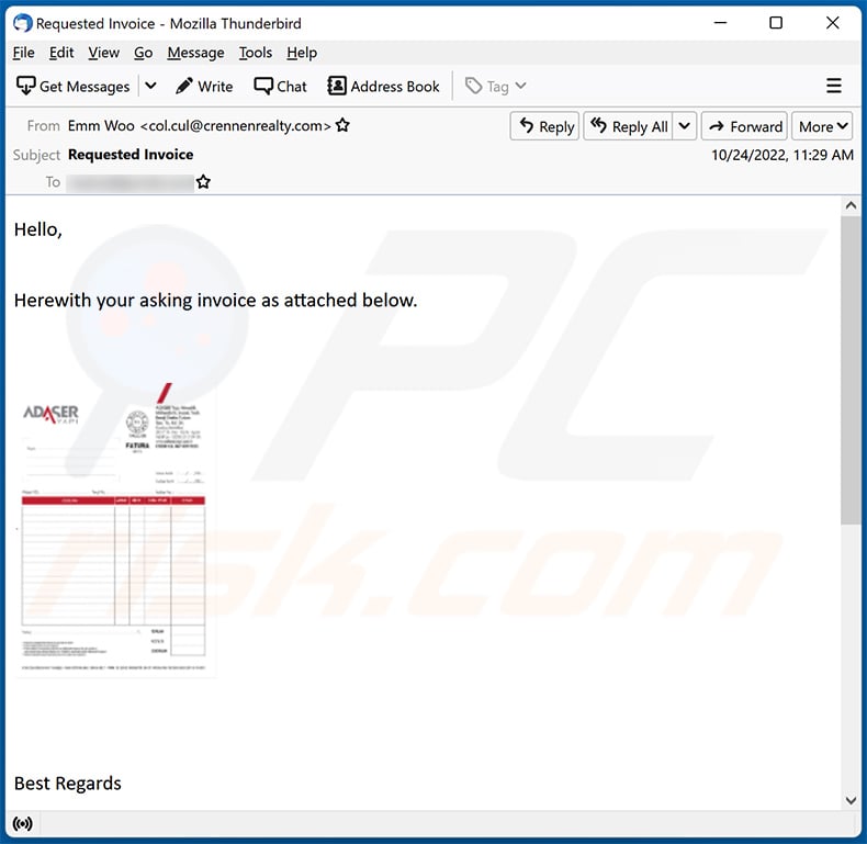 Invoice-themed spam email spreading Formbook (2022-10-25)