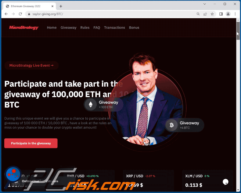 Appearance of MicroStrategy Crypto Giveaway scam (GIF)
