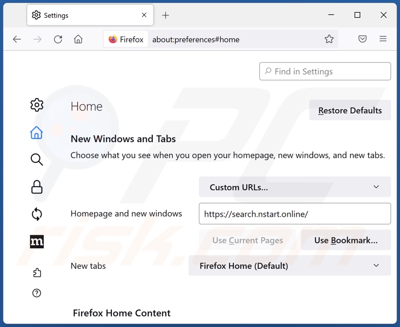 Removing search.nstart.online from Mozilla Firefox homepage