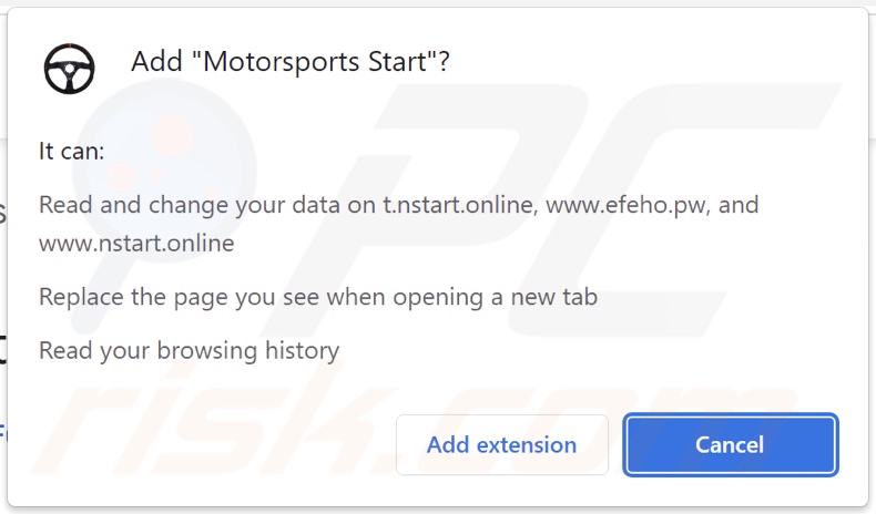 Motorsports Start browser hijacker asking for permissions