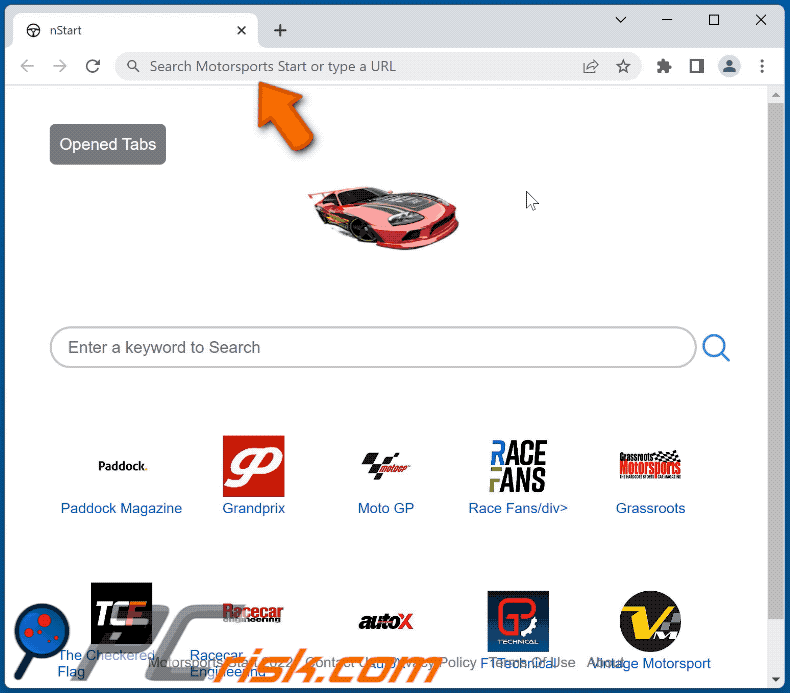 Motorsports Start browser hijacker redirecting to Bing (GIF)