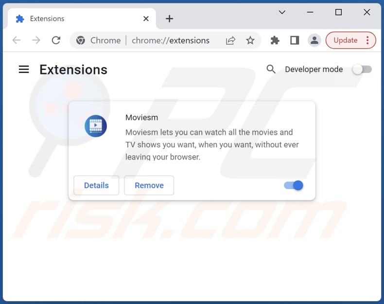 Removing Moviesm adware from Google Chrome step 2