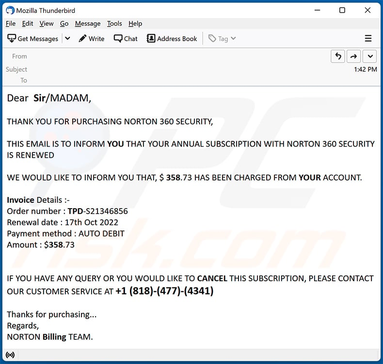 Norton Subscription Will Renew Today Email Scam (2022-10-26)