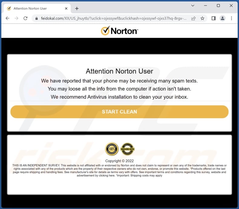 Norton - Your Phone May Be Receiving Many Spam Texts initial scam page