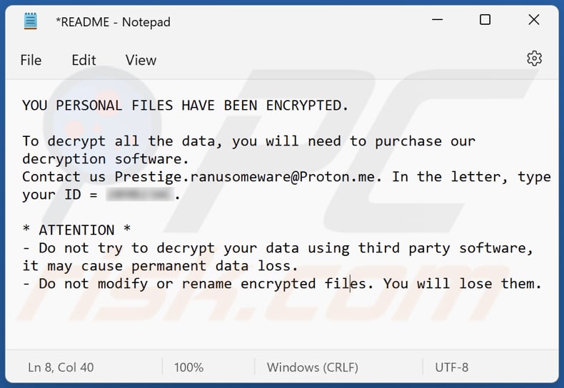 Prestige ransomware ransom note (README file)