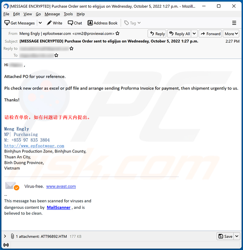 Purchase Order-themed spam email promoting a malicious HTML attachment (2022-10-05)