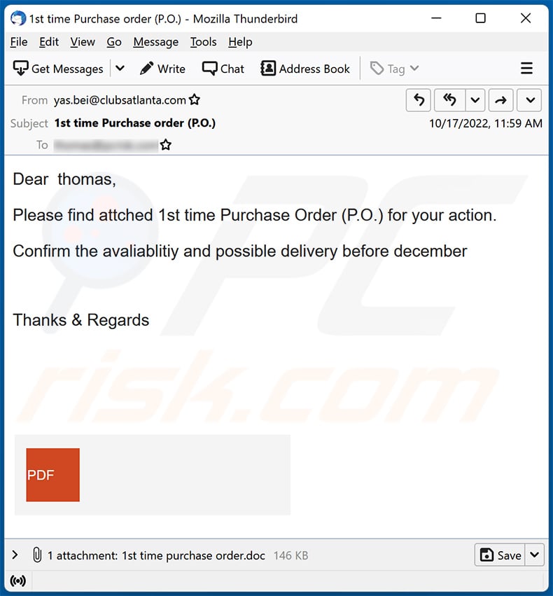 Purchase Order-themed spam email (2022-10-20)