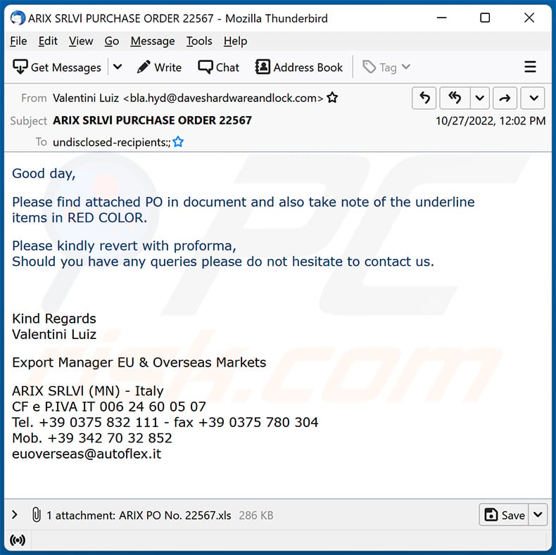 Purchase order-themed spam email spreading malware (2022-10-28)