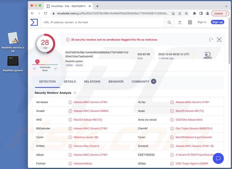 RealInfo adware detections on VirusTotal