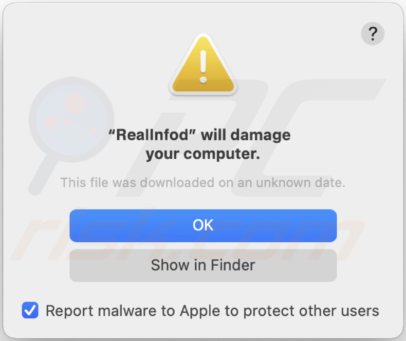 Pop-up displayed when RealInfo adware is present