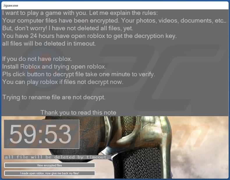 Roblox ransomware ransom note (close-up)