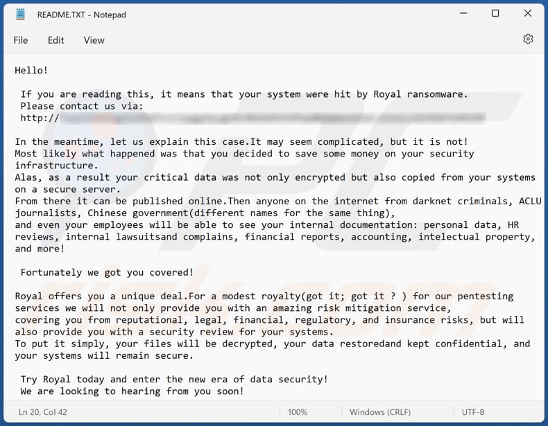 Royal ransomware text file (README.txt)