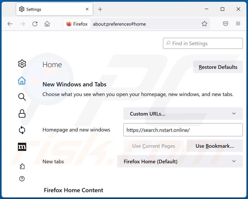 Removing search.nstart.online from Mozilla Firefox homepage